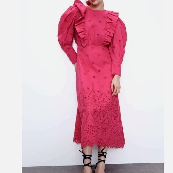 Zara Pink Eyelet Embroidered Midi Dress, Size Small NEW WITH TAG! - Picture 14 of 15
